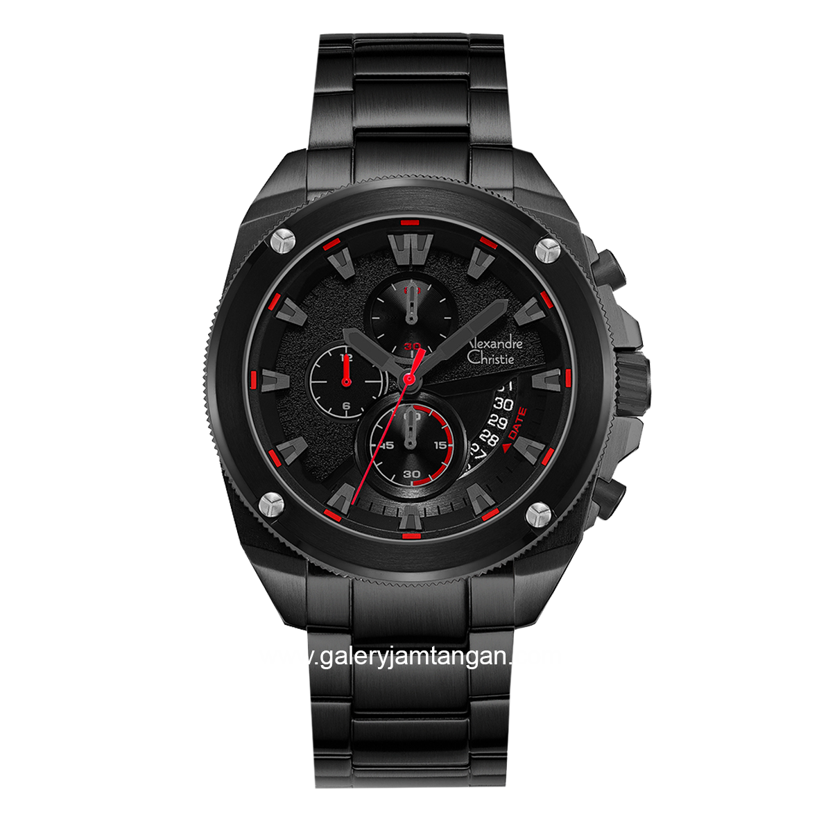 Alexandre Christie AC 6646 MC Black Dial Black  List Red Chronograph Stainless Steel Strap
