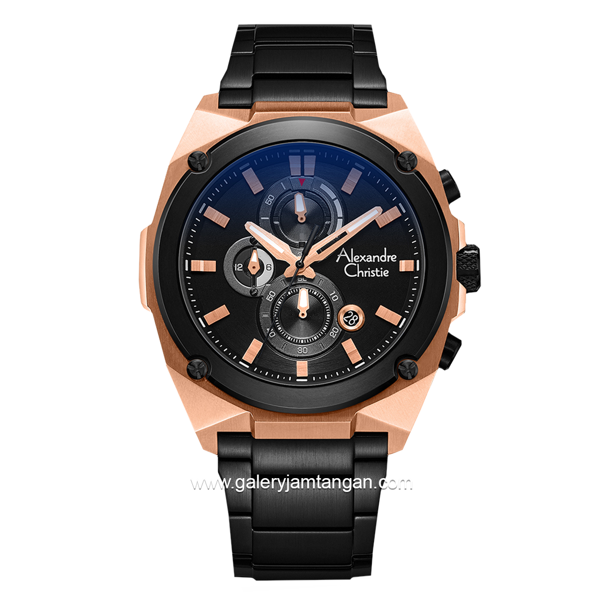 Alexandre Christie AC 6655 MC Black Rosegold Chronograph Stainless Steel + Free Strap Cadangan