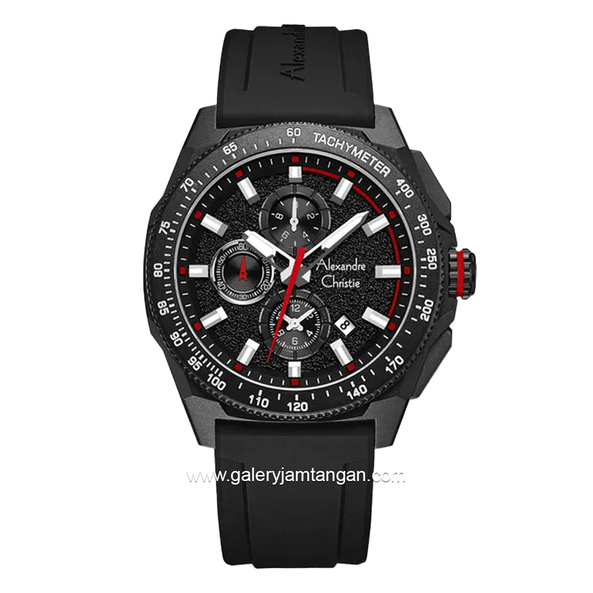 Alexandre Christie AC 6688 MC Chronograph Black Hour Marker Red Rubber Strap