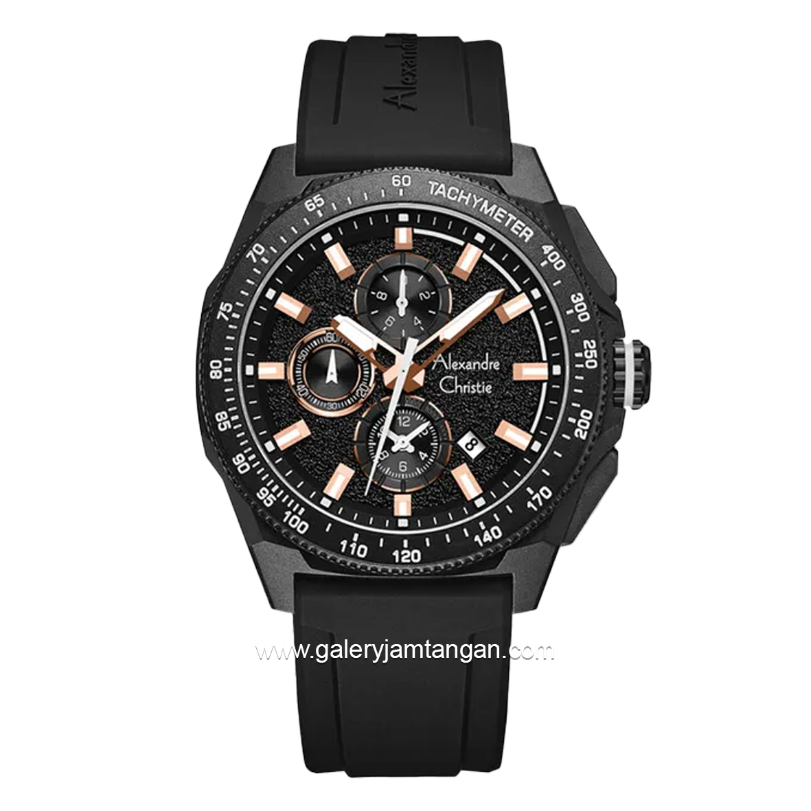 Alexandre Christie AC 6688 MC Chronograph Black Hour Marker Rosegold Rubber Strap