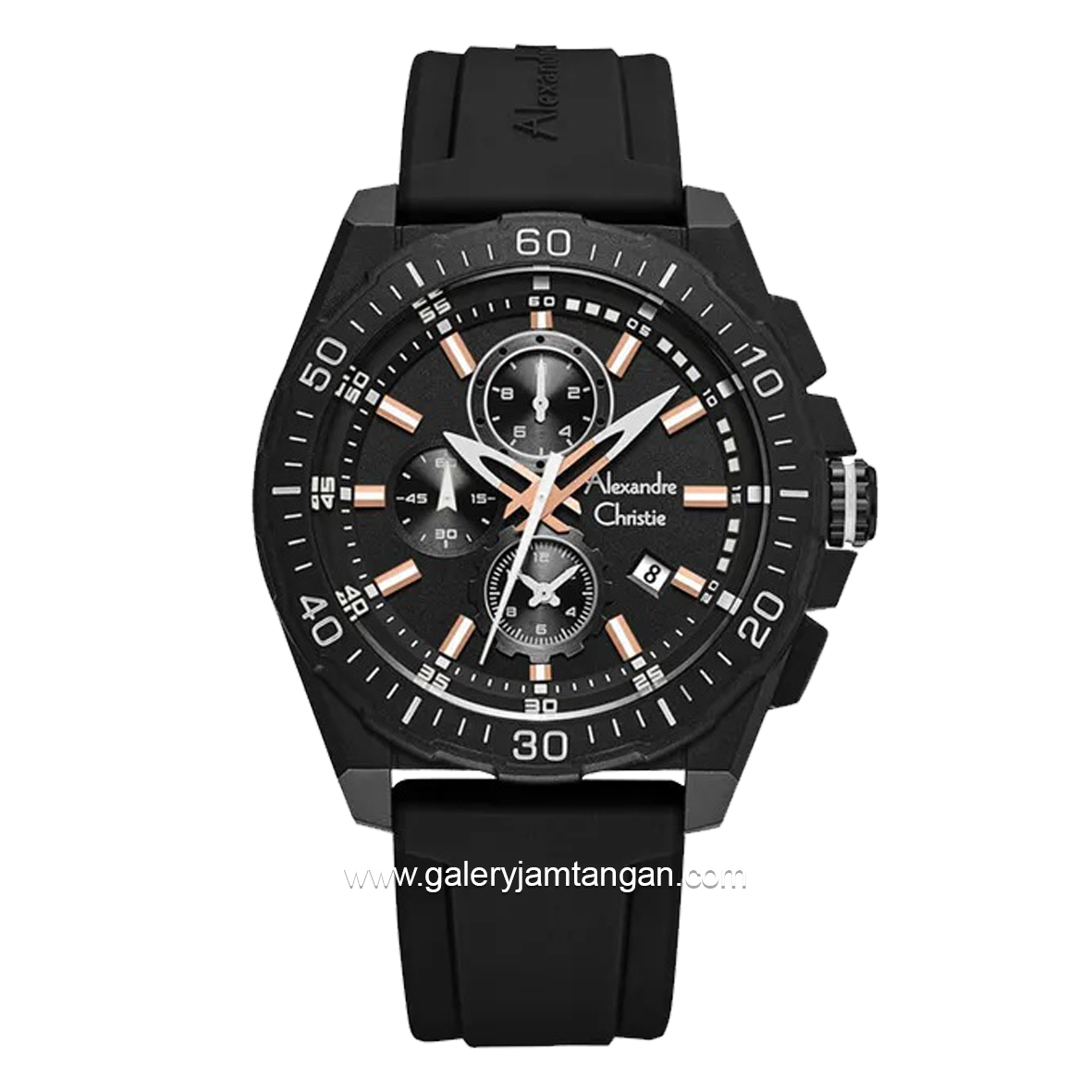 Alexandre Christie AC 6689 MC Chronograph Black Hour Marker Rosegold Rubber Strap