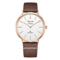 Alexandre Christie AC 8490 MHLRGSL Brown Rosegold Dial White Leather Strap