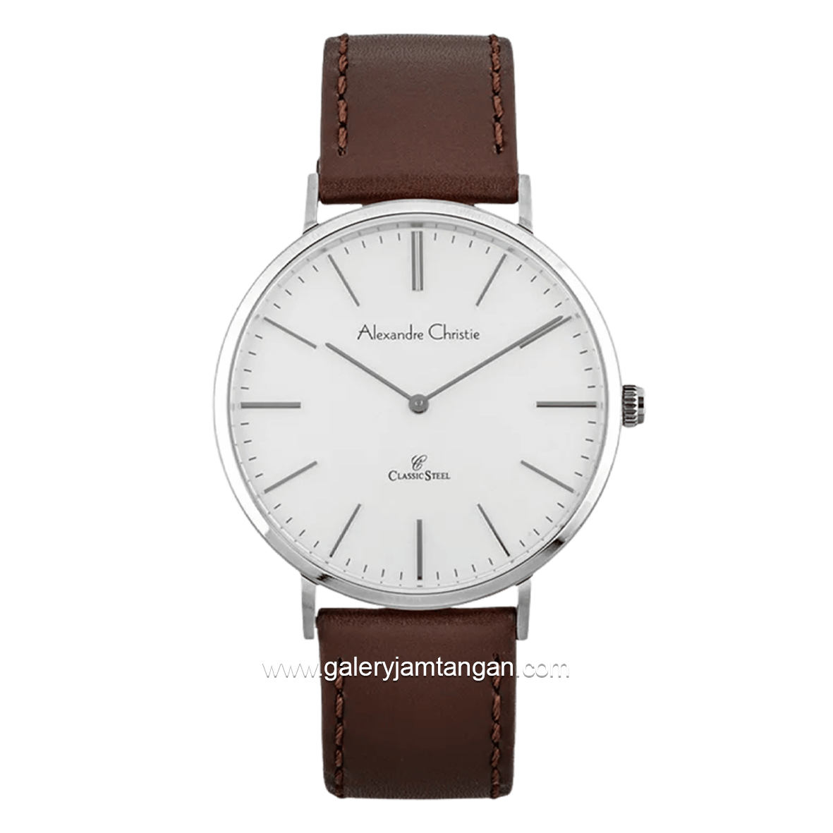 Alexandre Christie AC 8490 MH LSSSL Brown Silver Dial White Leather Strap