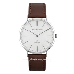 Alexandre Christie AC 8490 MH LSSSL Brown Silver Dial White Leather Strap
