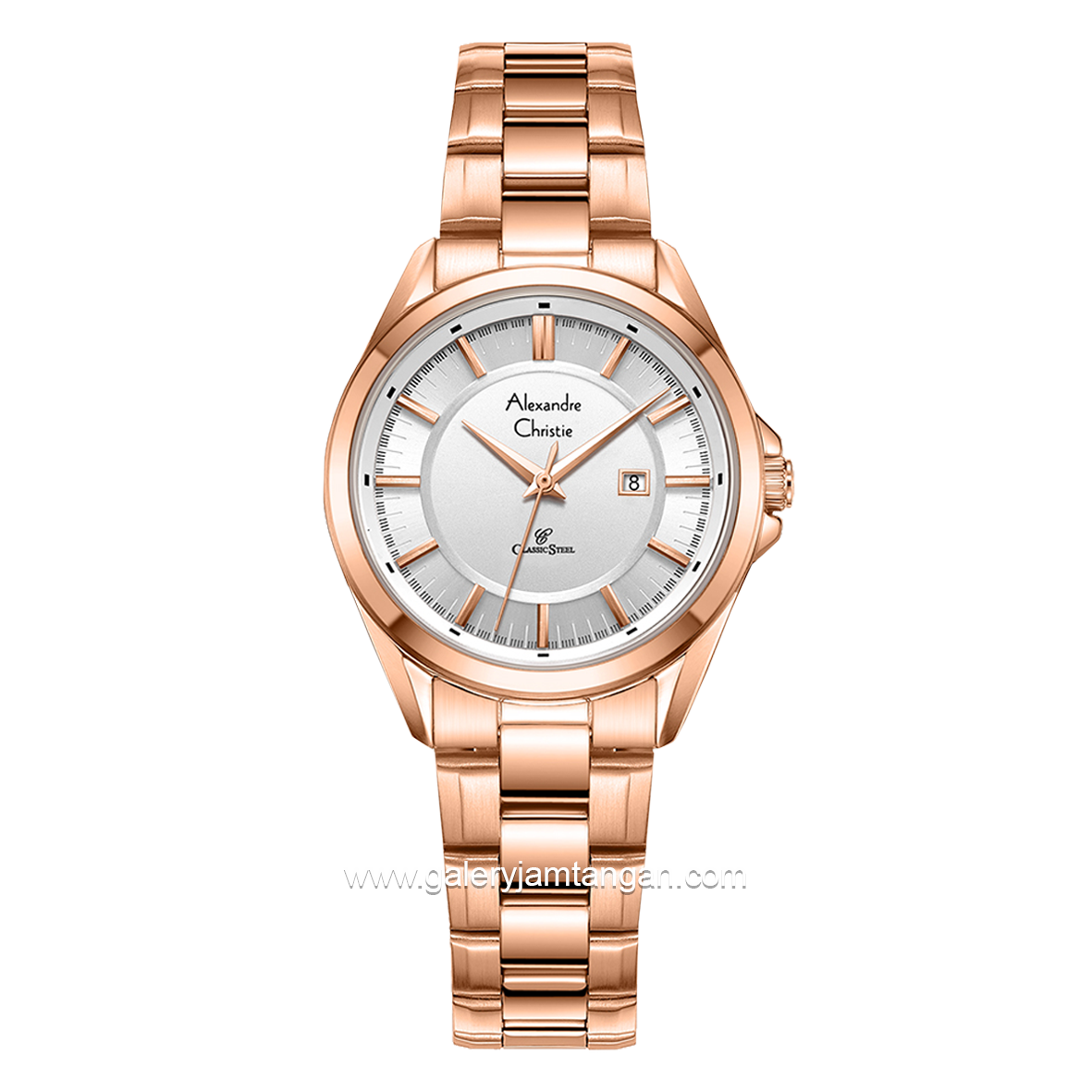 Alexandre Christie Classic Steel AC 8675 LD Rosegold Dial White Stainless Steel Strap