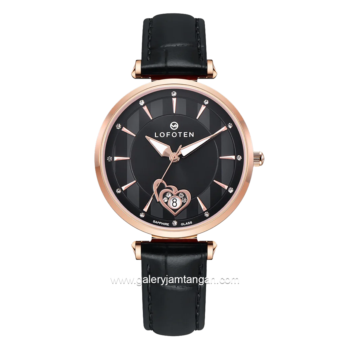 LOFOTEN F-2318L Black Rosegold Sapphire Glass Leather Strap