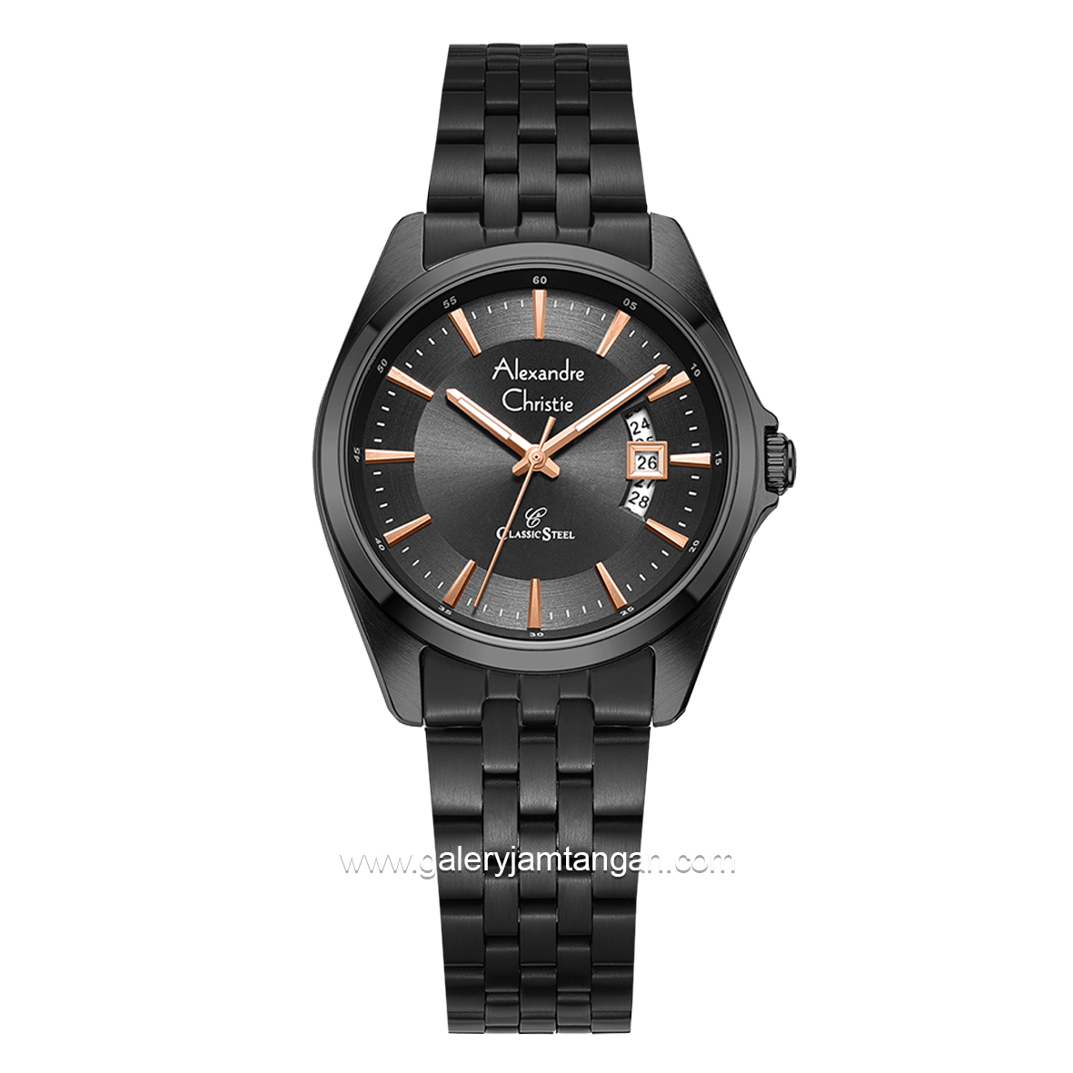 Alexandre Christie Classic AC 8677 LD Black Jarum Rosegold Stainless Steel Strap