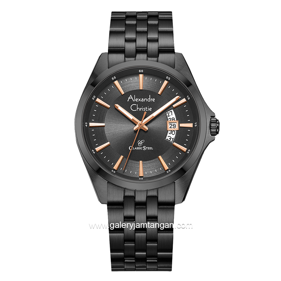 Alexandre Christie Classic AC 8677 MD Men Black Jarum Rosegold Stainless Steel Strap