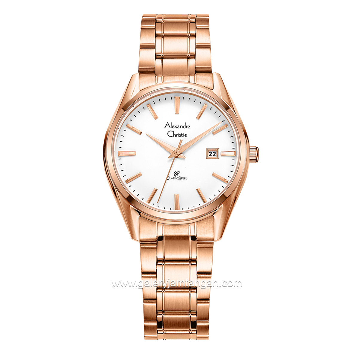 Alexandre Christie Classic AC 8681 LD Rosegold Dial White Stainless Steel Strap