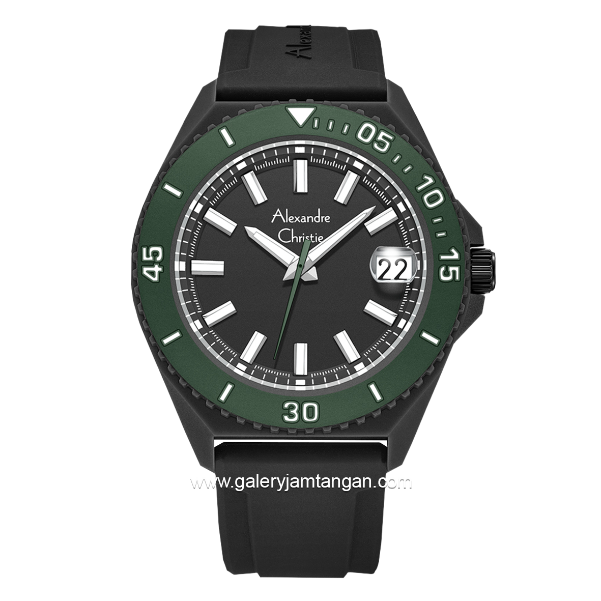 Alexandre Christie AC 8693 MD Black Ring Green Rubber Strap