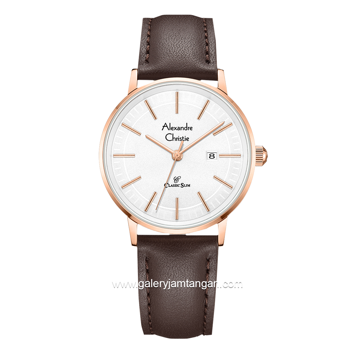 Alexandre Christie AC 8694 LD Brown Rosegold Dial White Leather Strap