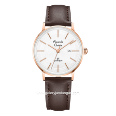 Alexandre Christie AC 8694 LD Brown Rosegold Dial White Leather Strap