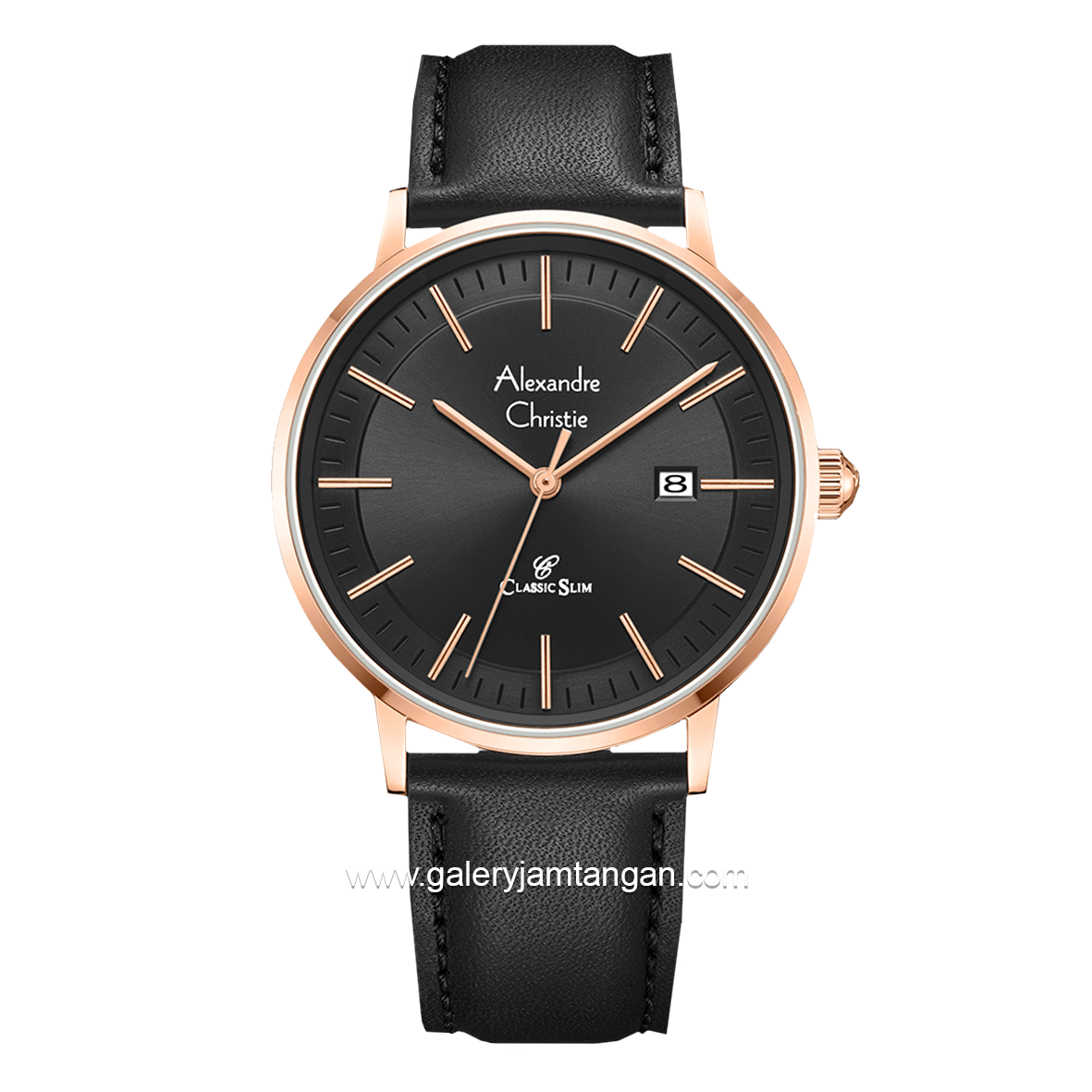 Alexandre Christie AC 8694 MD Black Rosegold Leather Strap