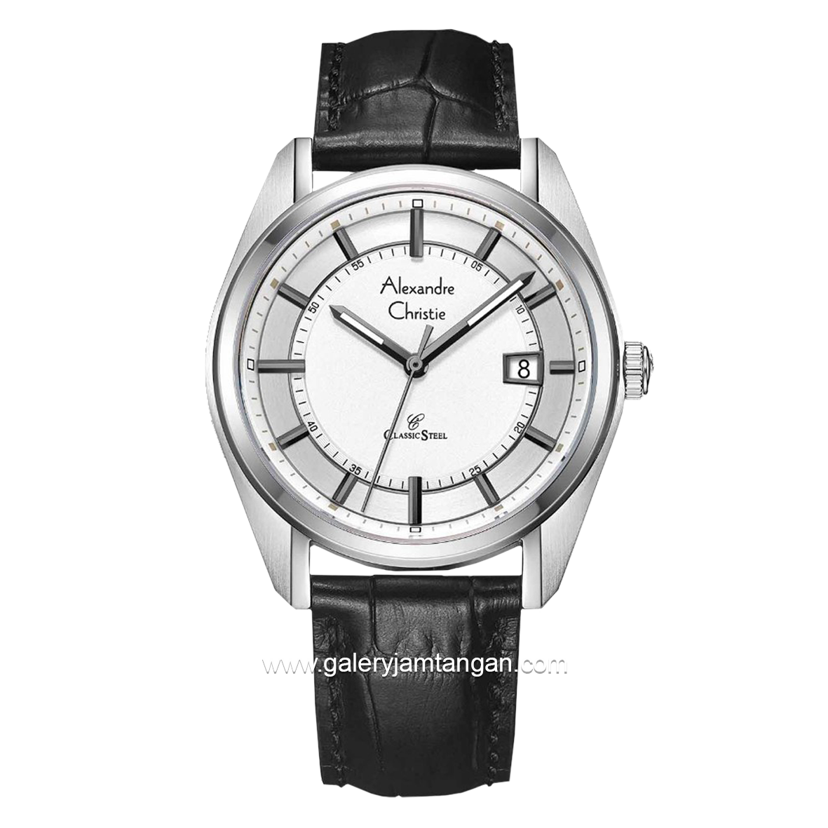 Alexandre Christie AC 8695 MD Black Silver Dial White Leather Strap