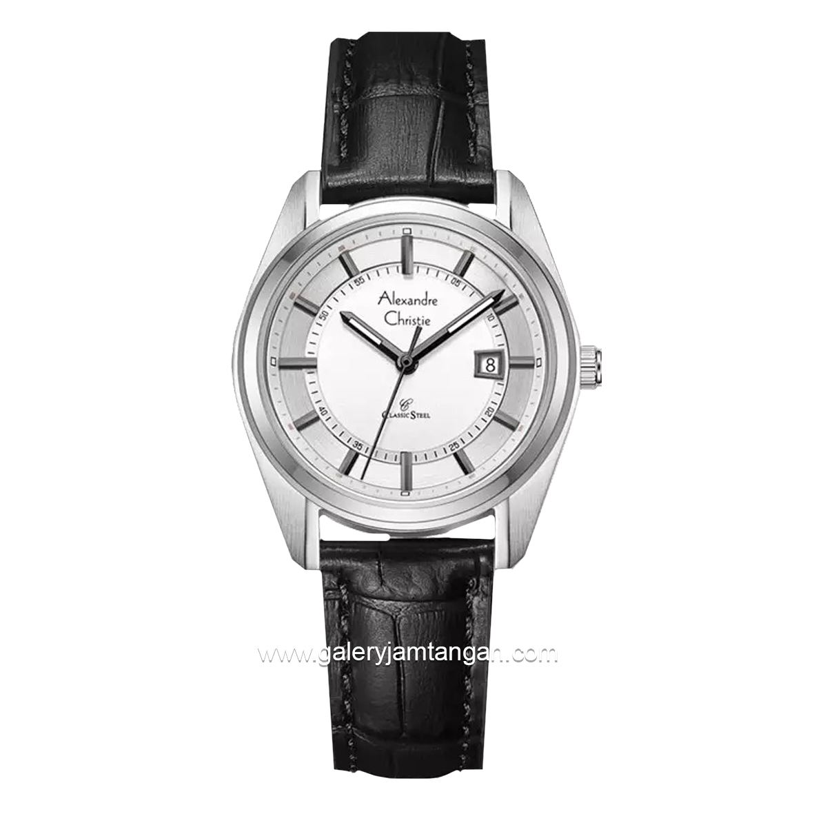Alexandre Christie AC 8695 LD Black Silver Dial White Leather Strap