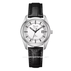 Alexandre Christie AC 8695 LD Black Silver Dial White Leather Strap