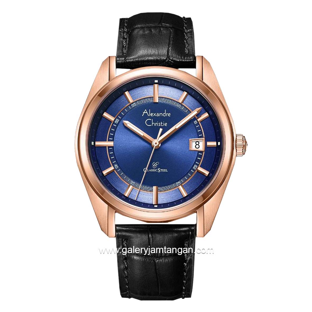 Alexandre Christie AC 8695 MD Black Rosegold Dial Blue Leather Strap