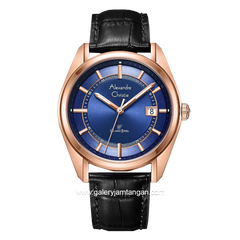 Alexandre Christie AC 8695 MD Black Rosegold Dial Blue Leather Strap