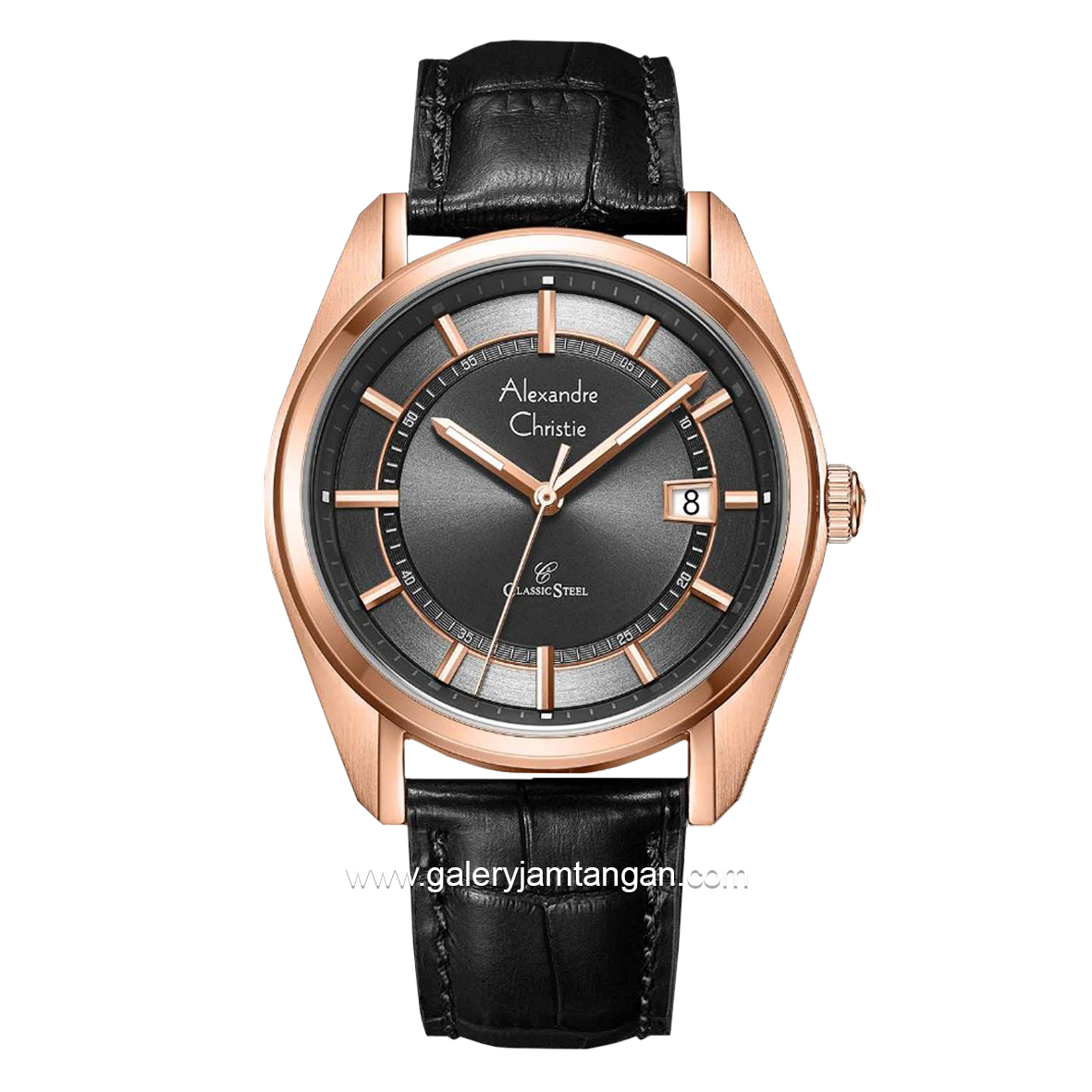Alexandre Christie AC 8695 MD Black Rosegold Leather Strap