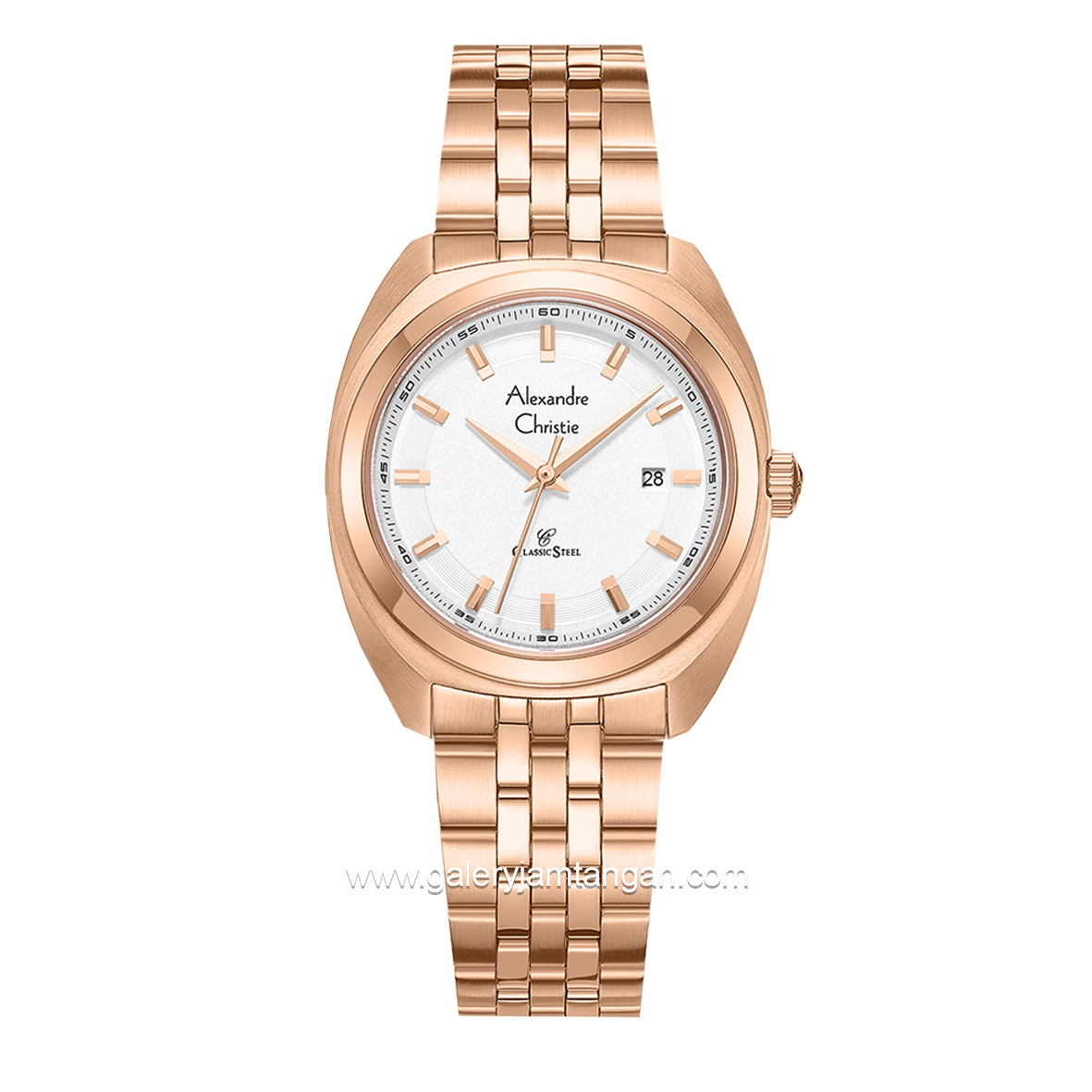 Alexandre Christie AC 8702 LD Rosegold Dial White Stainless Steel Strap