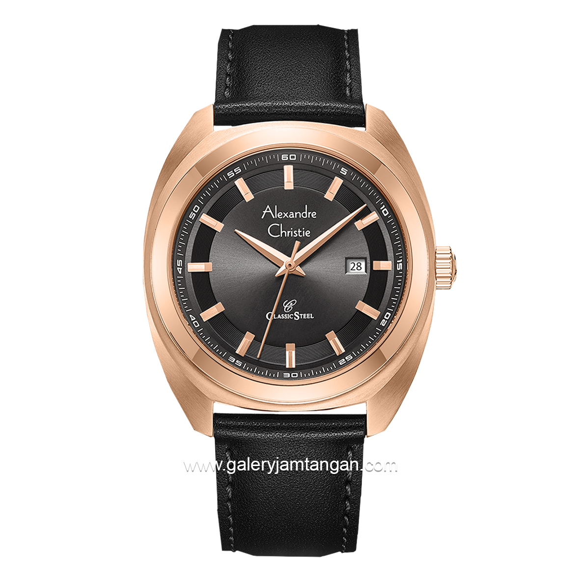 Alexandre Christie AC 8702 MD Black Rosegold Leather Strap