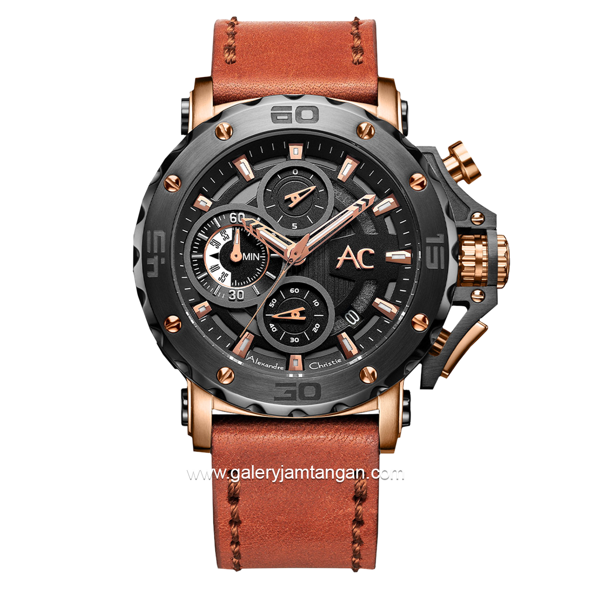 Alexandre Christie AC 9205 MC Brown Rosegold Chronograph Collection Leather Strap