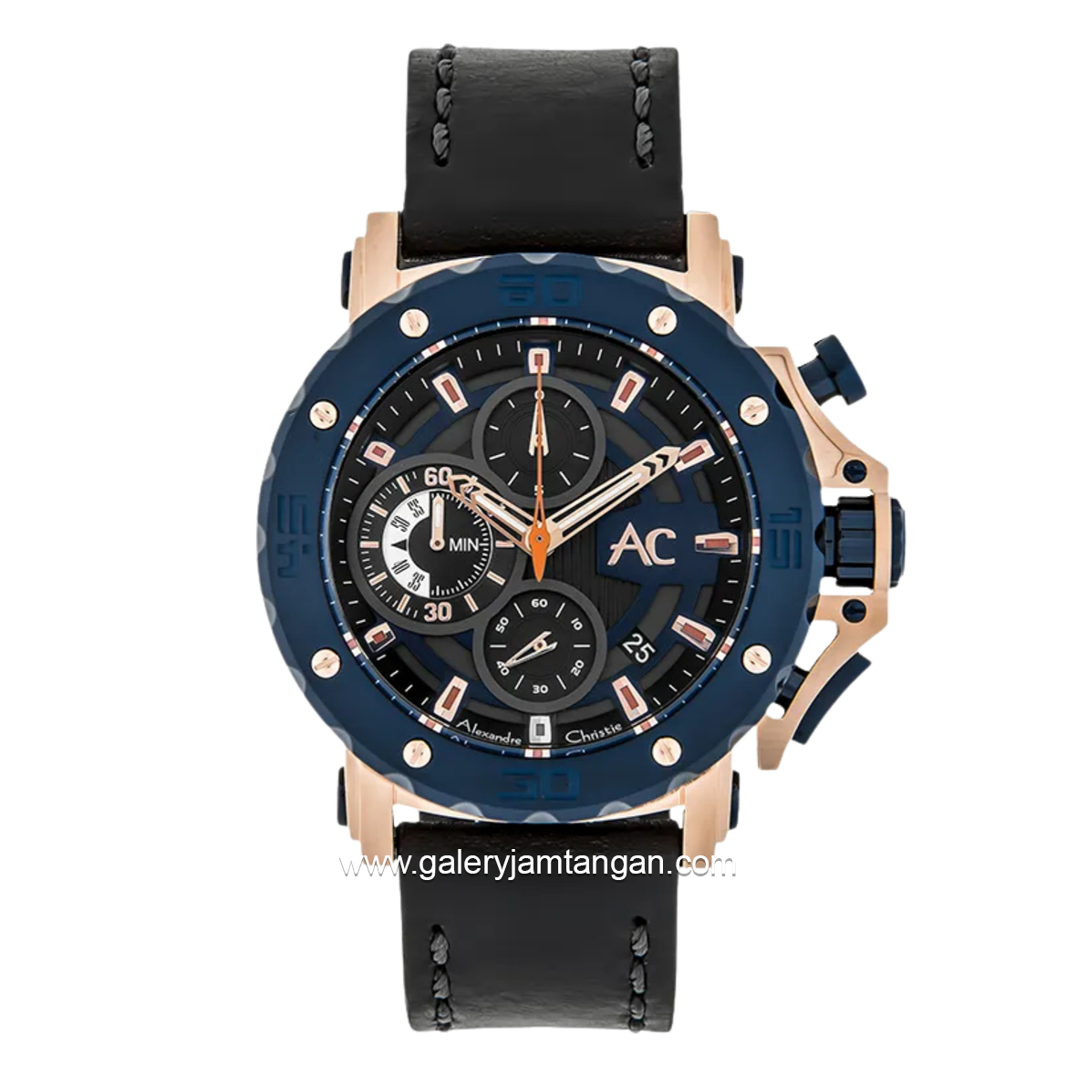 Alexandre Christie Collection AC 9205 MCLURBU Black Rosegold Ring Blue Leather Strap