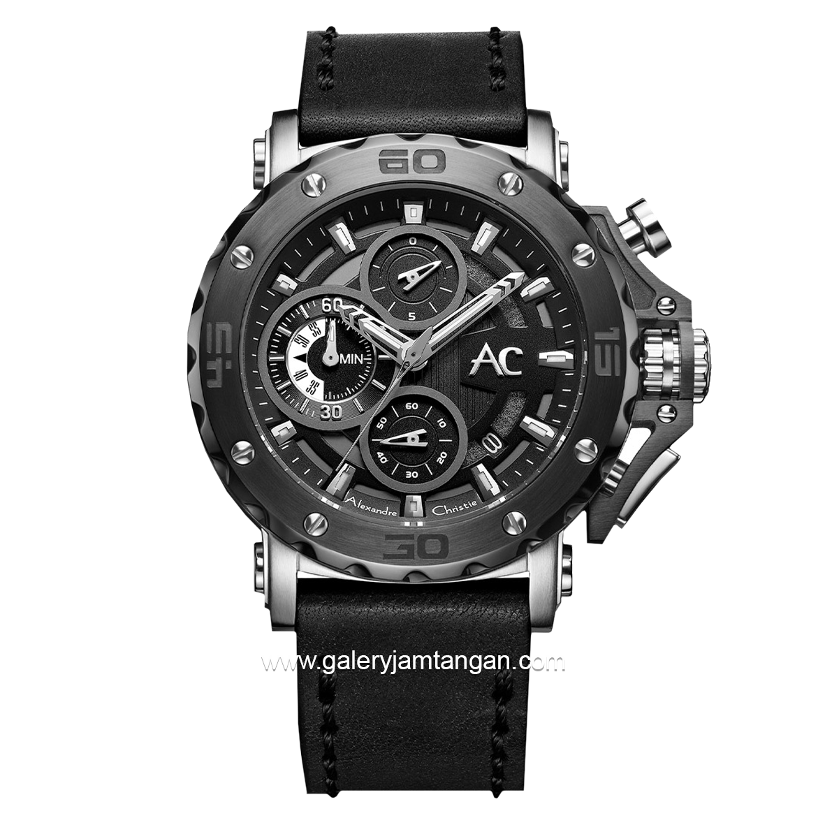 Alexandre Christie AC 9205 MC Black Silver Chronograph Collection Leather Strap