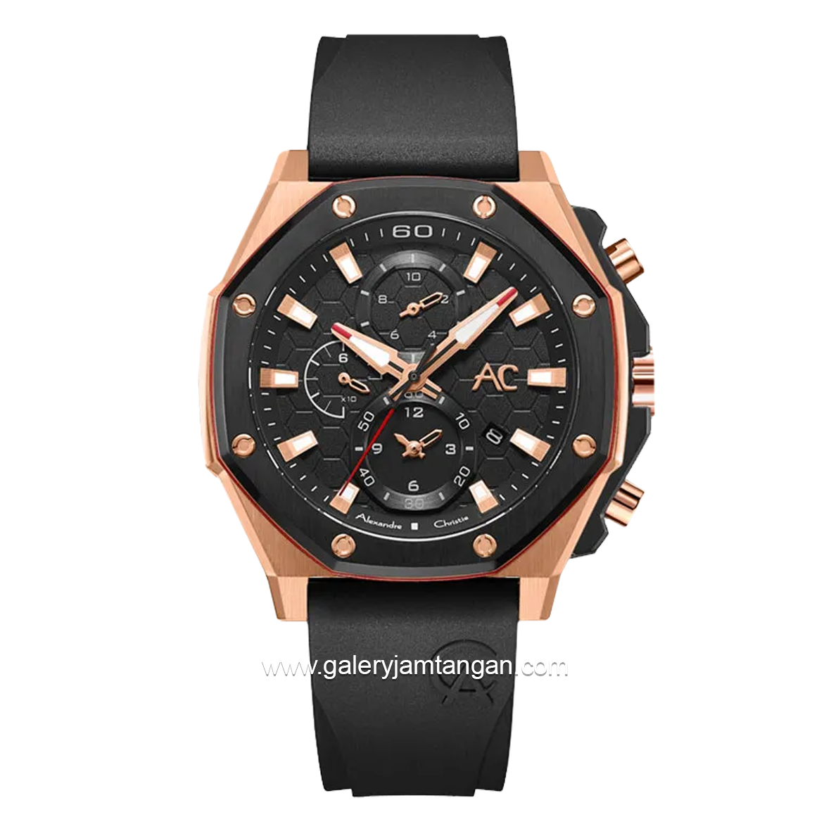 Alexandre Christie AC 9601 GC Black Rosegold Rubber Strap