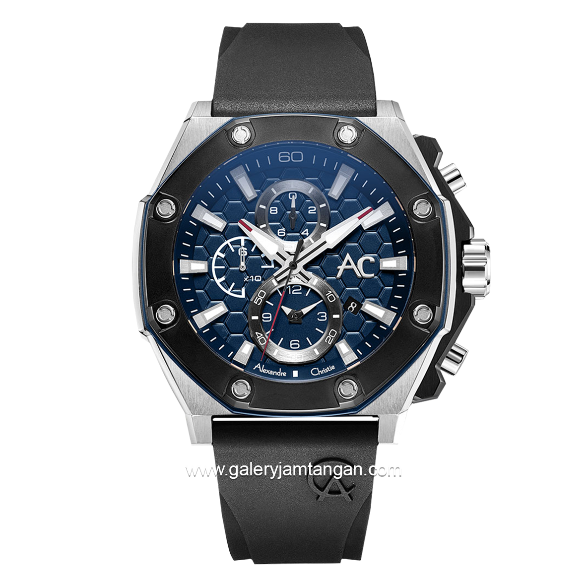 Alexandre Christie Collection AC 9601 MC Black Silver Dial Blue Chronograph Rubber Strap