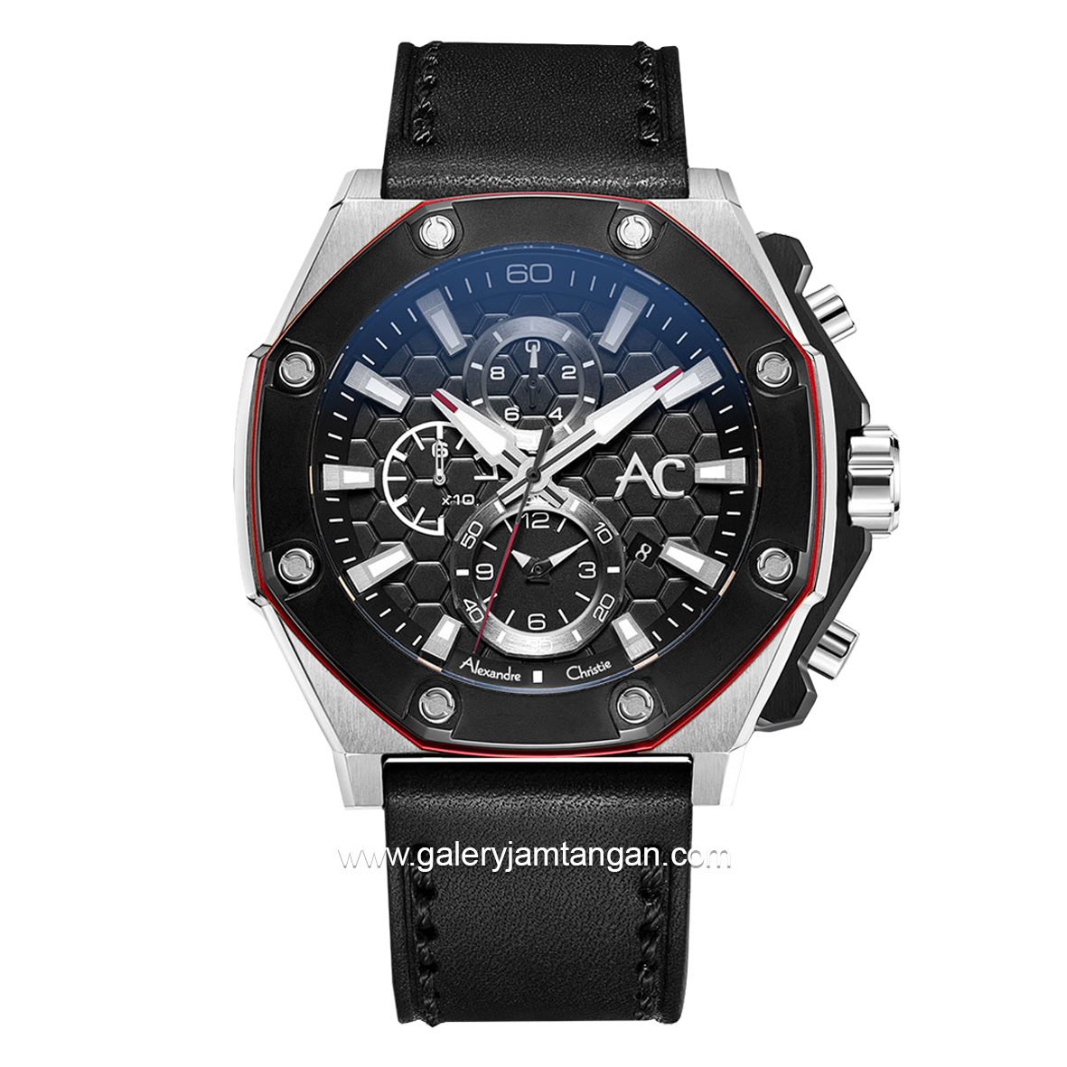 Alexandre Christie Collection AC 9601 MC Black Silver Chronograph Leather Strap