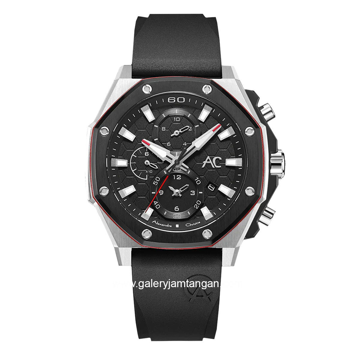 Alexandre Christie Collection AC 9601 MC Black Silver Chronograph Rubber Strap