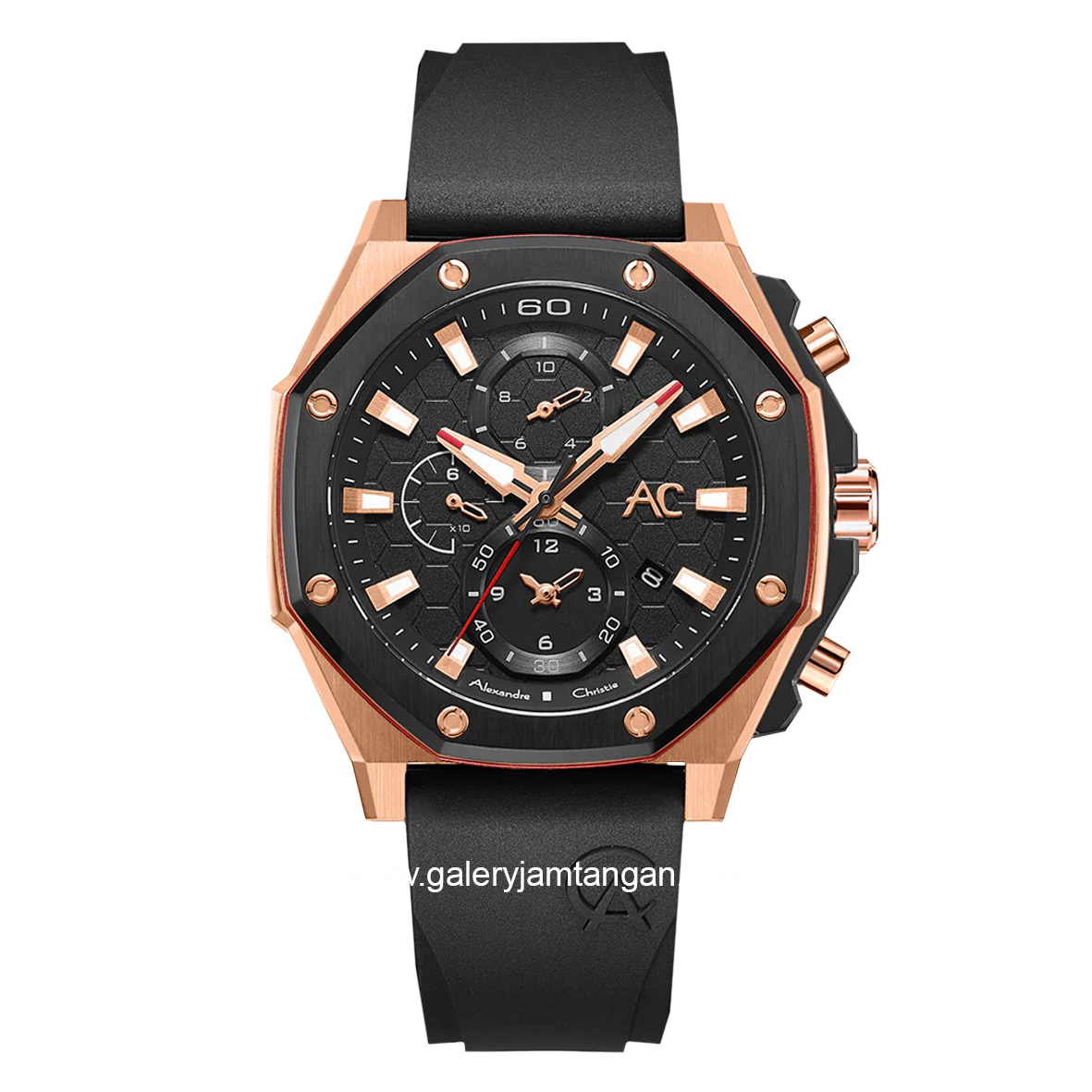Alexandre Christie Collection AC 9601 MC Black Rosegold Chronograph Rubber Strap