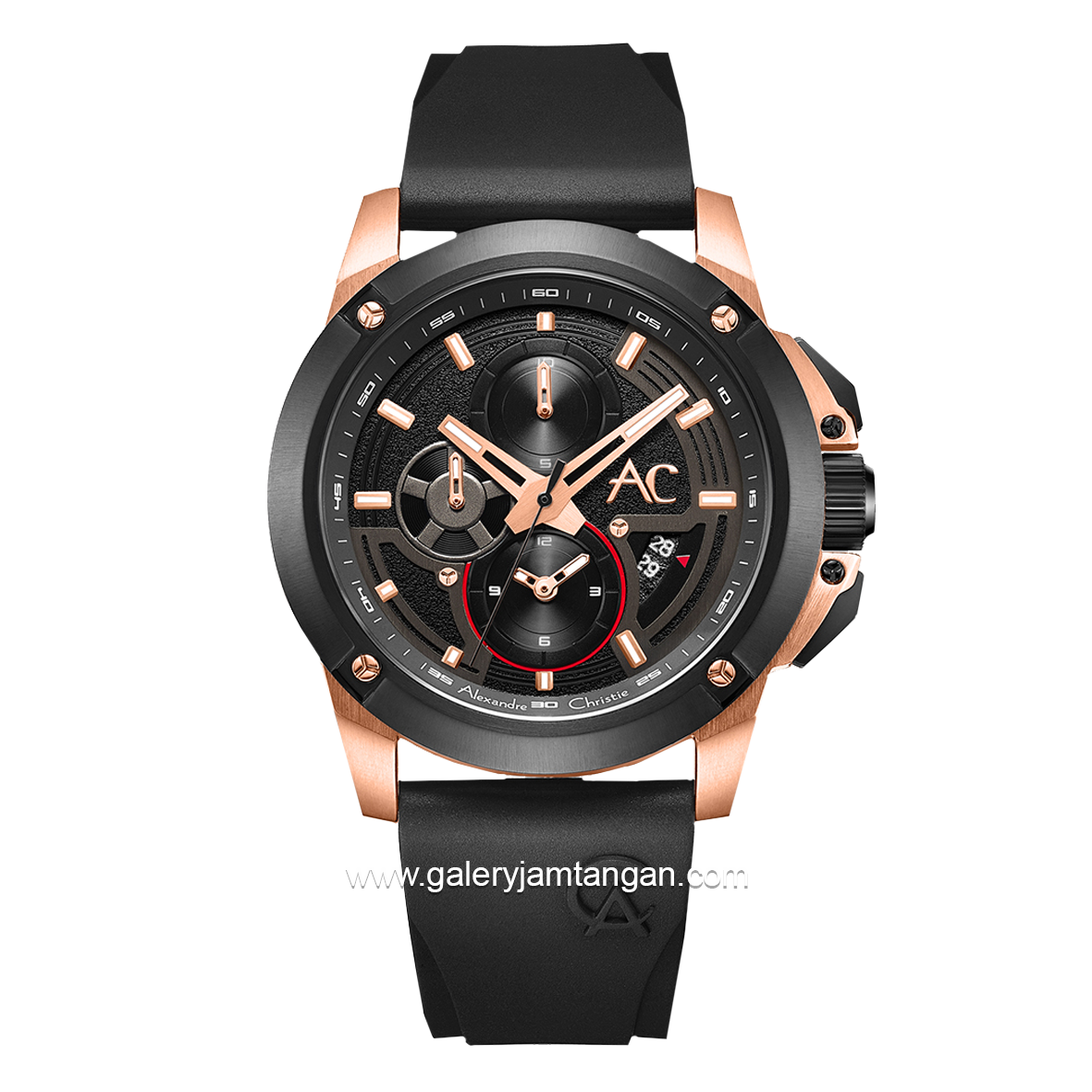 Alexandre Christie AC 9602 MC Black Rosegold Rubber Strap