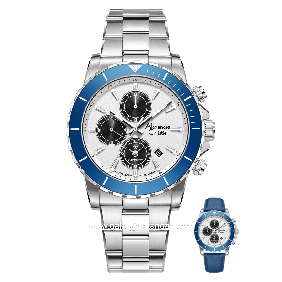 Alexandre Christie AC 6141 MC Limited Edition Anniv 25Thn Silver Dial White Ring Blue