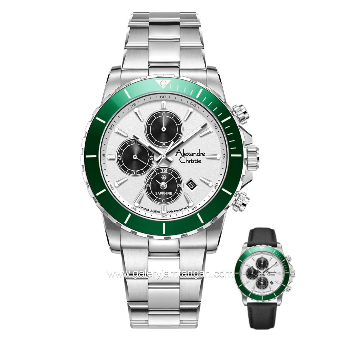 Alexandre Christie AC 6141 MC Limited Edition Anniv 25Thn Silver Dial White Ring Green