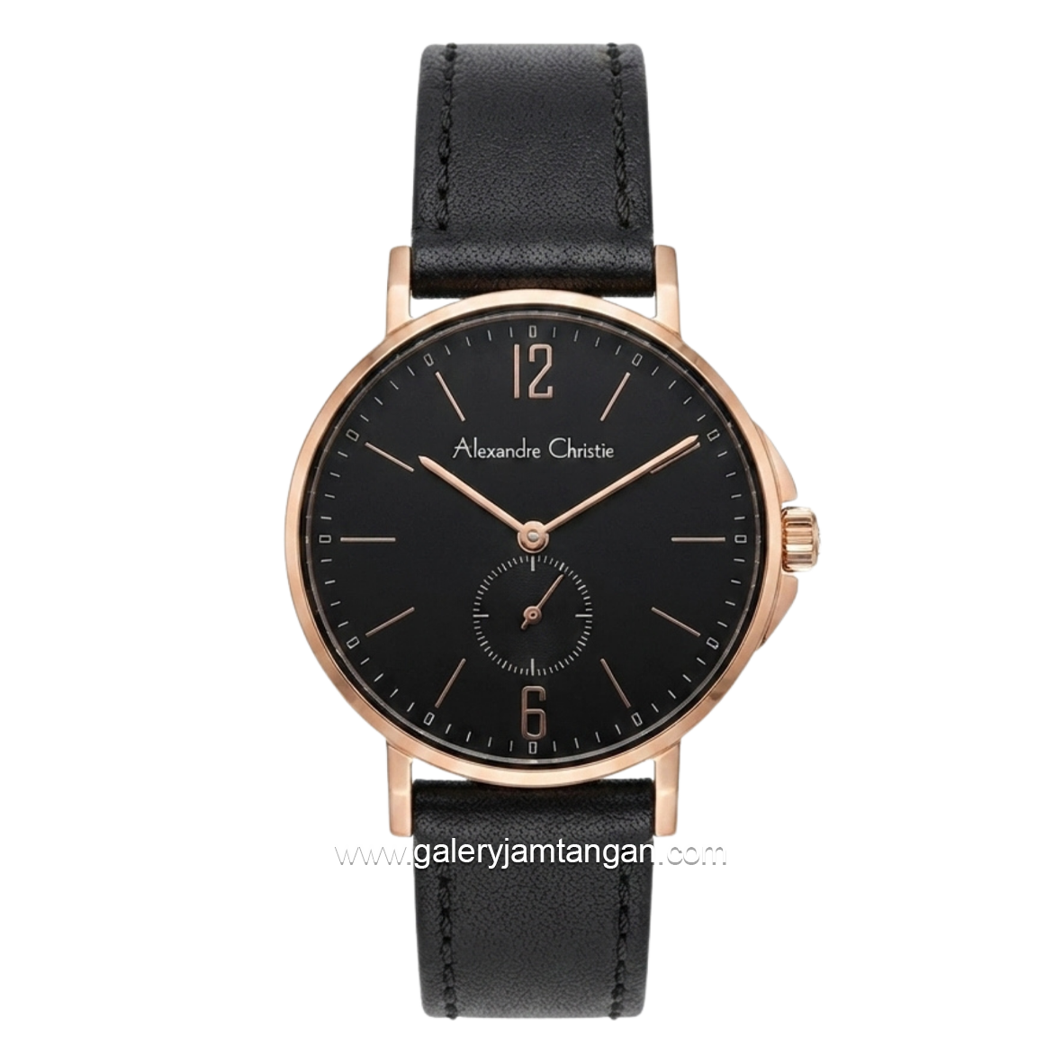 Alexandre Christie AC 8458 LSLRGBA Black Rosegold Dial Black Leather Strap