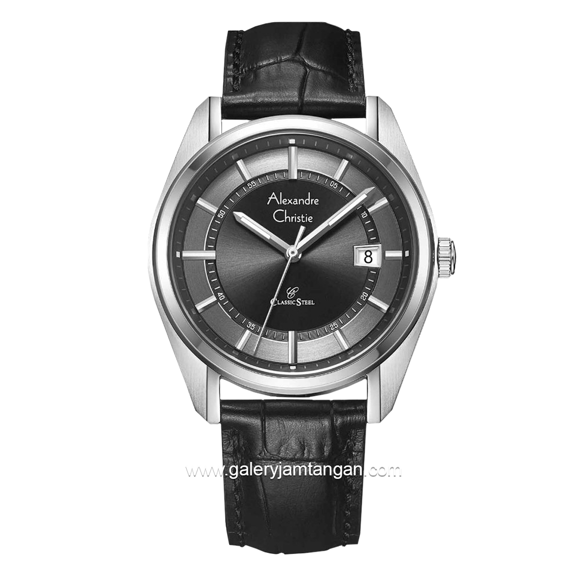 Alexandre Christie AC 8695 MD Black Silver Dial Black Leather Strap