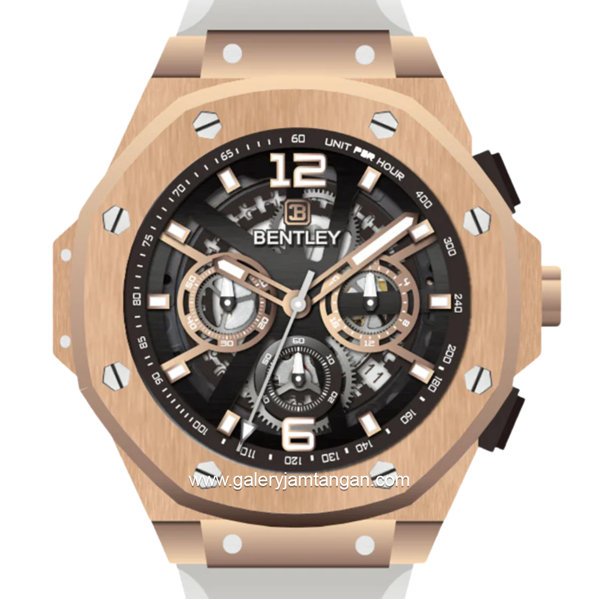 BENTLEY THE KNIGHT BL-25-90 White Rosegold Dial Black Rubber Strap