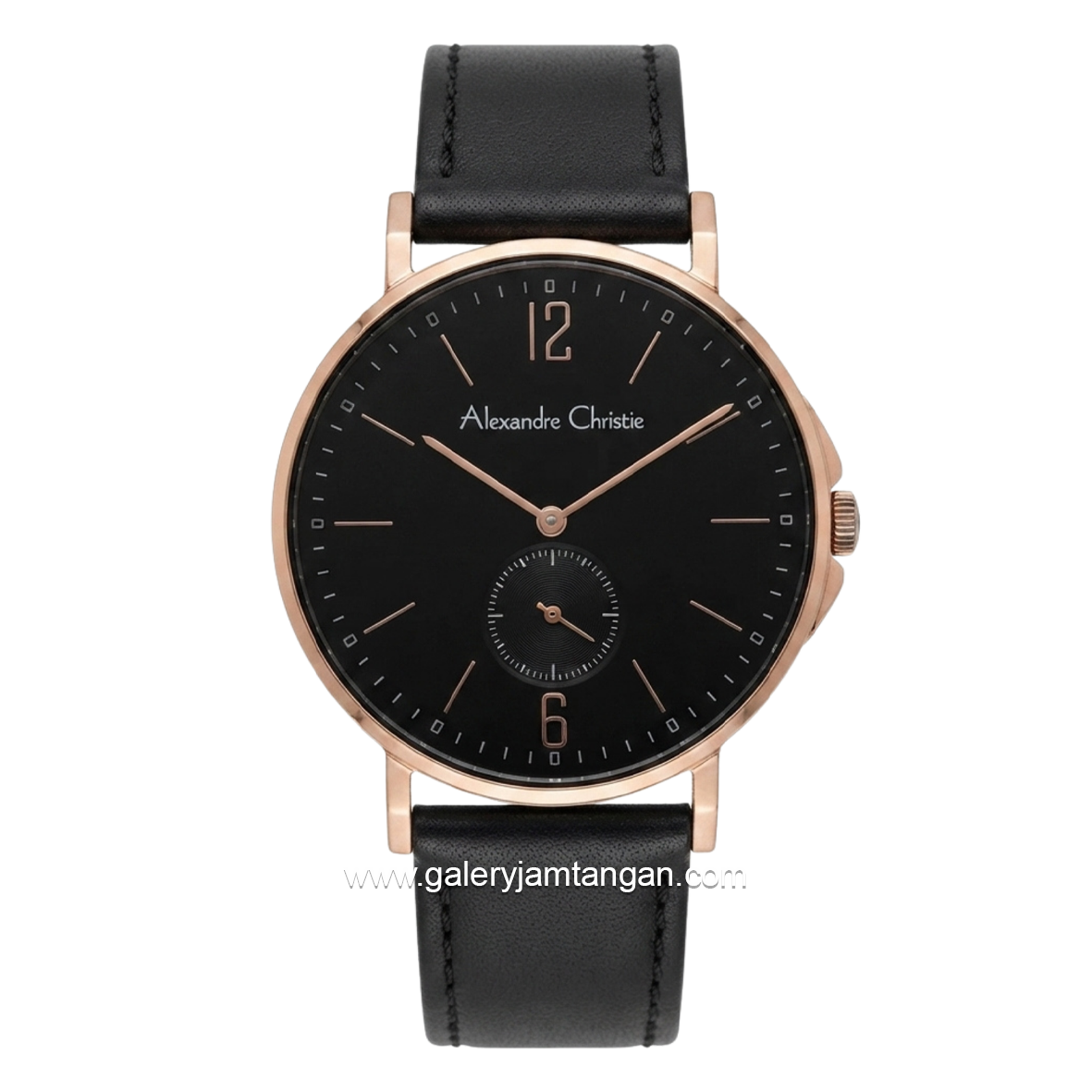 Alexandre Christie AC 8458 MSLRGBA Black Rosegold Dial Black Leather Strap