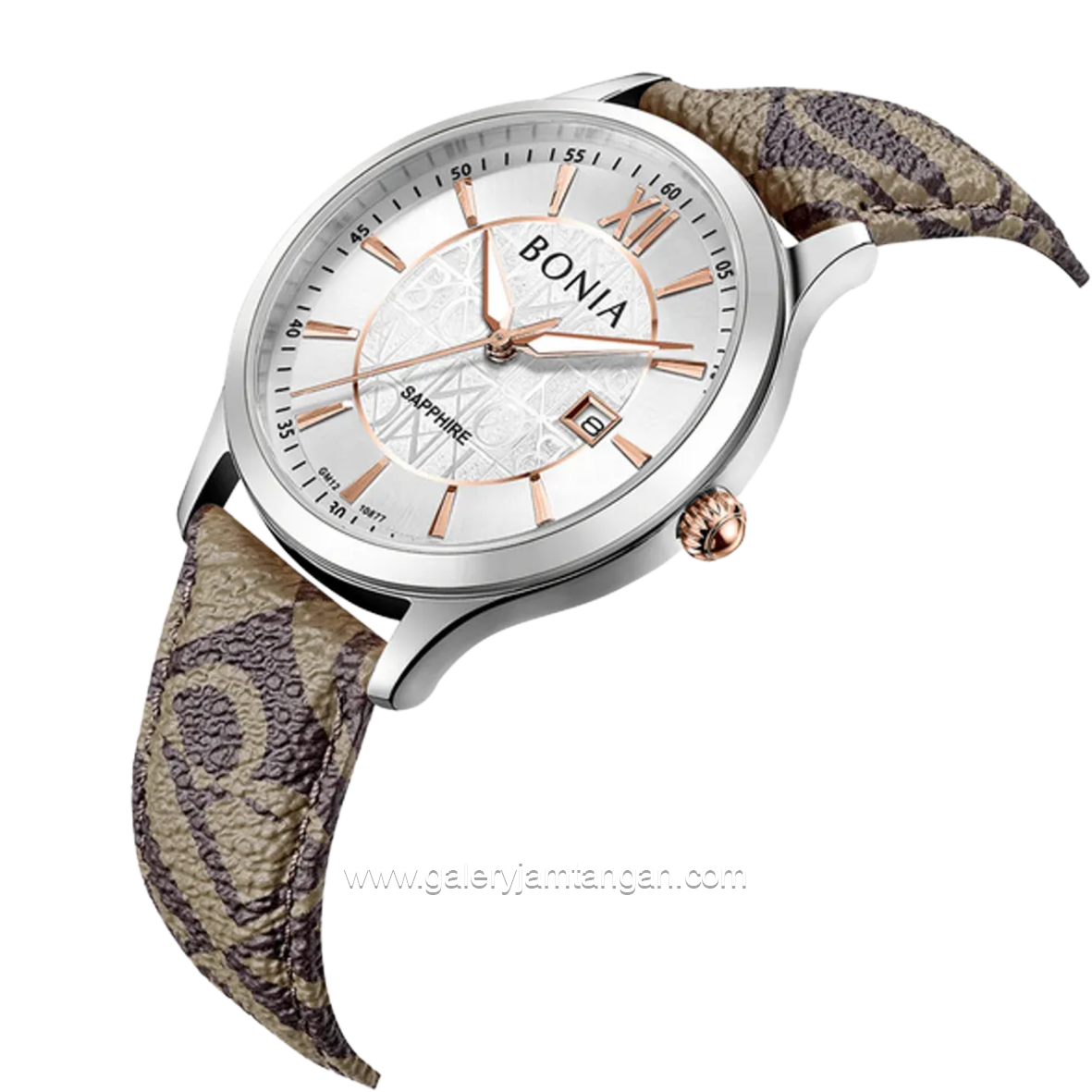 BONIA BNB10877-1313 Brown Silver Sapphire Crystal Genuine Leather