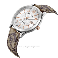 BONIA BNB10877-1313 Brown Silver Sapphire Crystal Genuine Leather