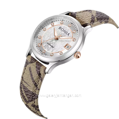 BONIA BNB10877-2317 Brown Silver Sapphire Crystal Genuine Leather