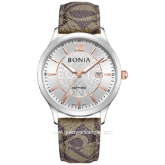 BONIA BNB10877-1313 Brown Silver Sapphire Crystal Genuine Leather