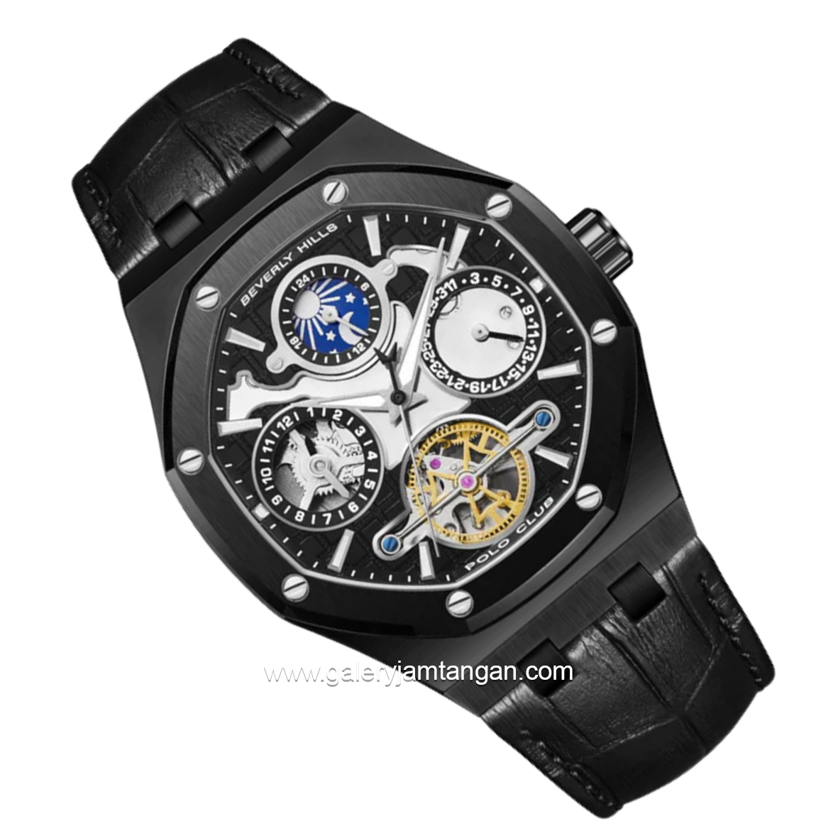 BEVERLY HILLS POLO CLUB BP3787X.651 Automatic Full Black Leather Strap