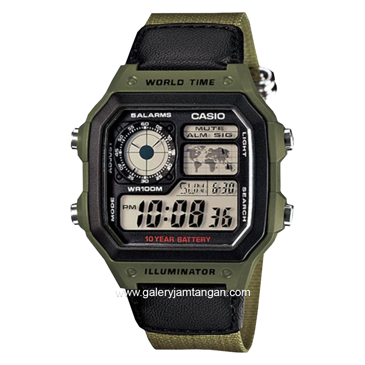 CASIO General AE-1200WHB-3BVDF Green Digital Canvas Strap