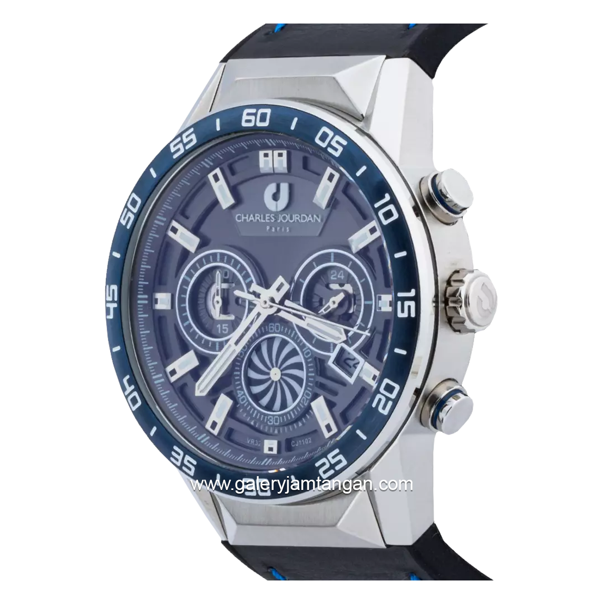 CHARLES JOURDAN CJ1102-1312C Watch Black Silver Chronograph Leather With Rubber Strap