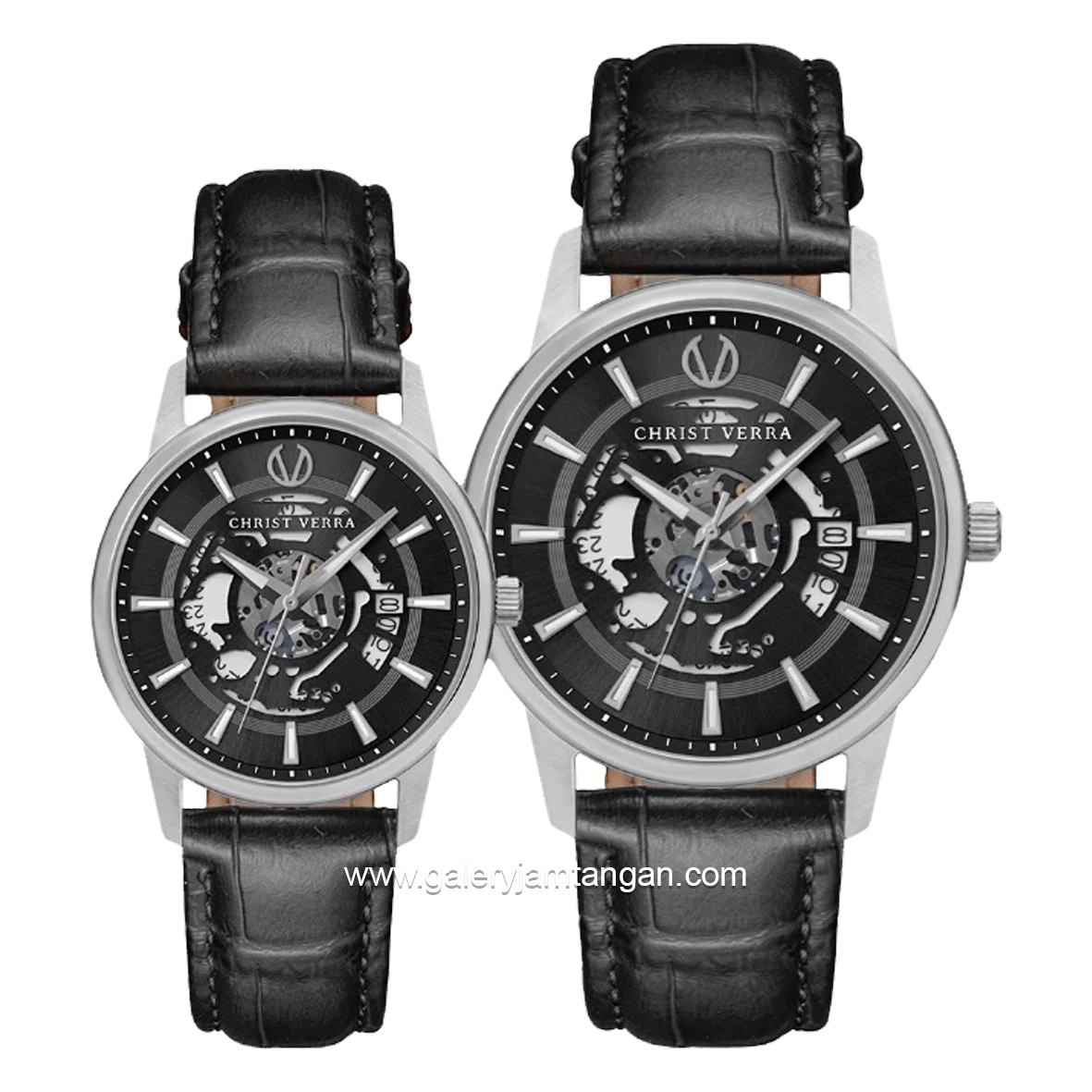 CHRIST VERRA CLASSIC MEMOIR CV 12452G-21 BLK & CV 12452L-21 BLK Couple Black Silver Leather Strap