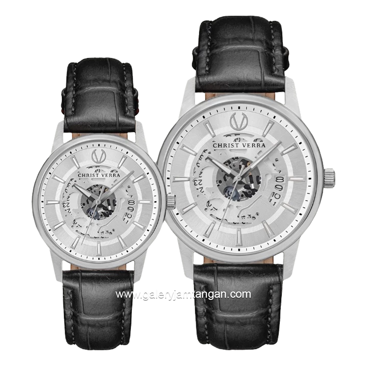 CHRIST VERRA CLASSIC MEMOIR CV 12452G-21 SLV & CV 12452L-21 SLV Couple Black Silver Leather Strap
