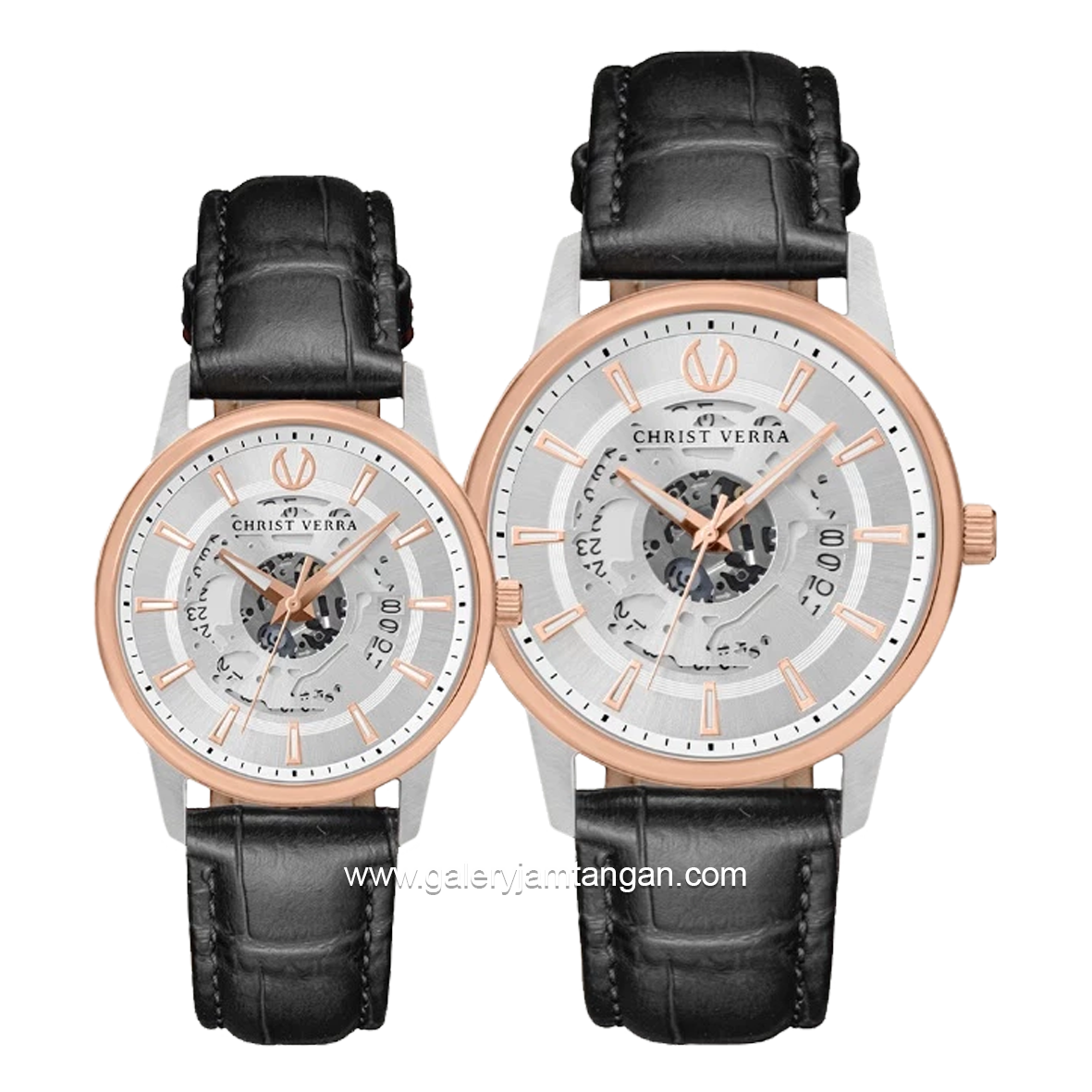 CHRIST VERRA CLASSIC MEMOIR CV 12452G-24 SLV & CV 12452L-24 SLV Couple Black Dial Silver Leather Strap